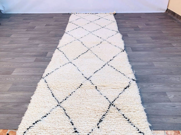 Moroccan runner rug 3x10ft , Beniourain Hallway rug, Long white & Black Beni Ourain runner rug, Wool Vintage Rug, Moroccan berber carpets.