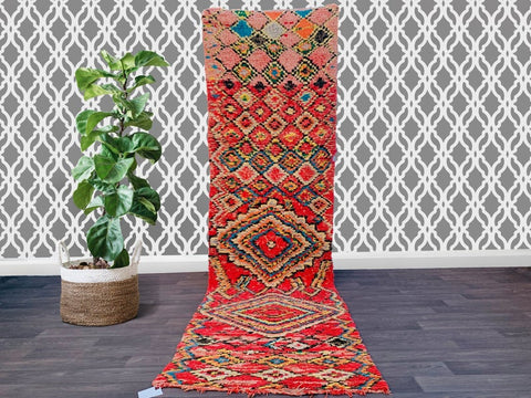 Long vintage Hallway Rug 3x11 ft ,Moroccan berber hallway rug, Old Morocco corridor carpet ,Boujad runner Rug