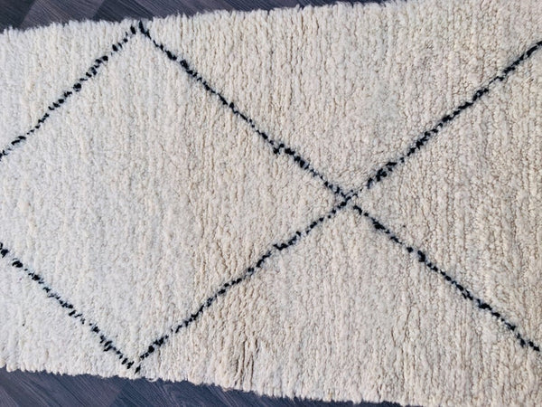 Moroccan runner rug 3x10ft , Beni Ourain Hallway rug, Long white & Black Beni Ourain runner rug, Wool Vintage Rug,