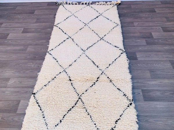 Moroccan runner rug 3x10ft , Beniourain Hallway rug, Long white & Black Beni Ourain runner rug, Wool Vintage Rug, Moroccan berber carpets.