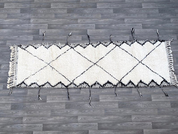 Moroccan vintage rug Beni ourain Unique runner rug 3x10 - Hallway runner rug - Corridor rug Long white & Black Beni Ourain runner rug