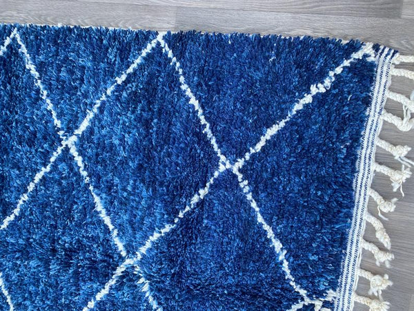 Moroccan Blue and white wool rug 5x8ft , beni ourain rug, Hand-knotted rug, Moroccan Blue rug, Solid rug, berber rug,