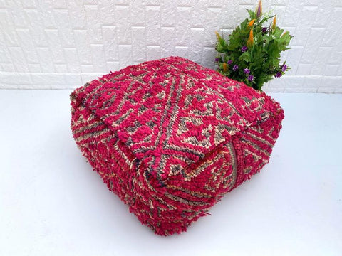 Pink Moroccan Floor Cushion- Home Decor Square Design Boujaad -Footstool Pouf -Wool Handmade Pillow- Home Chair- Floor Cushion Pouf