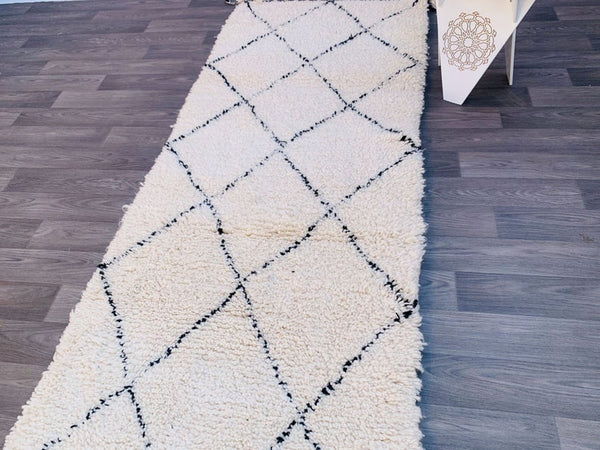 Moroccan runner rug 3x10ft , Beniourain Hallway rug, Long white & Black Beni Ourain runner rug, Wool Vintage Rug, Moroccan berber carpets.