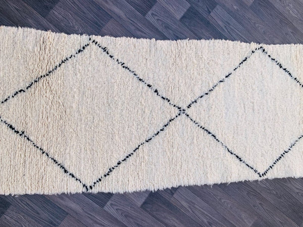 Moroccan runner rug 3x10ft , Beni Ourain Hallway rug, Long white & Black Beni Ourain runner rug, Wool Vintage Rug,