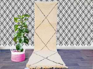 Moroccan runner rug 3x10ft , Beni Ourain Hallway rug, Long white & Black Beni Ourain runner rug, Wool Vintage Rug,