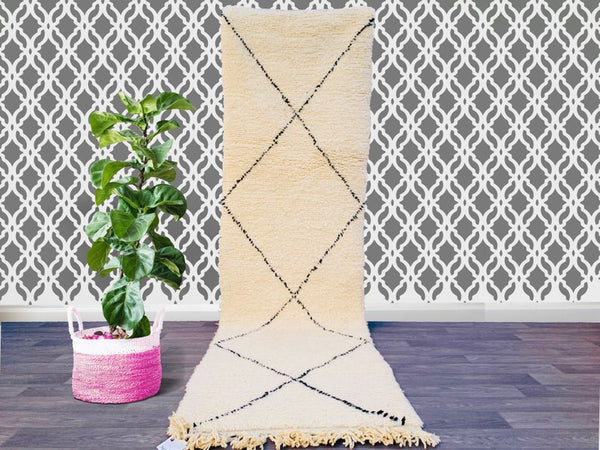 Moroccan runner rug 3x10ft , Beni Ourain Hallway rug, Long white & Black Beni Ourain runner rug, Wool Vintage Rug,