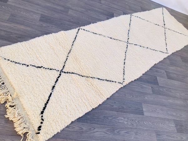 Moroccan runner rug 3x10ft , Beni Ourain Hallway rug, Long white & Black Beni Ourain runner rug, Wool Vintage Rug,