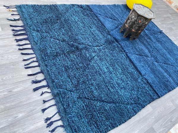 Vintage Blue Beni Ourain Rug 5x7ft -Moroccan Berber Hand-Knotted Moroccan wool rug - berber carpet -