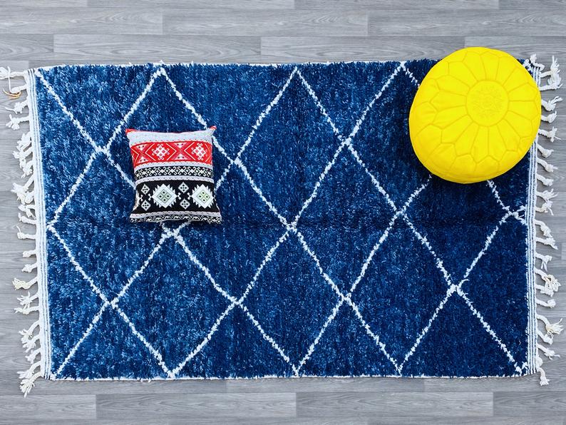 Moroccan Blue and white wool rug 5x8ft , beni ourain rug, Hand-knotted rug, Moroccan Blue rug, Solid rug, berber rug,