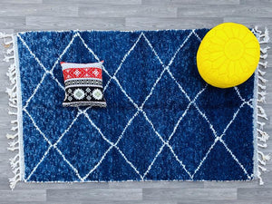 Moroccan Blue and white wool rug 5x8ft , beni ourain rug, Hand-knotted rug, Moroccan Blue rug, Solid rug, berber rug,