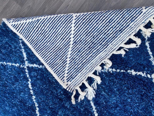 Moroccan Blue and white wool rug 5x8ft , beni ourain rug, Hand-knotted rug, Moroccan Blue rug, Solid rug, berber rug,