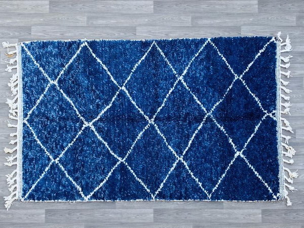 Moroccan Blue and white wool rug 5x8ft , beni ourain rug, Hand-knotted rug, Moroccan Blue rug, Solid rug, berber rug,