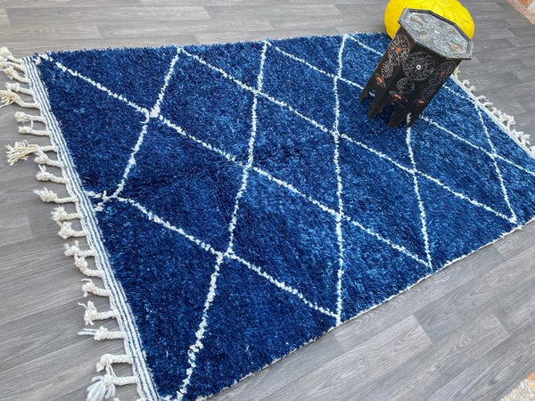 Moroccan Blue and white wool rug 5x8ft , beni ourain rug, Hand-knotted rug, Moroccan Blue rug, Solid rug, berber rug,