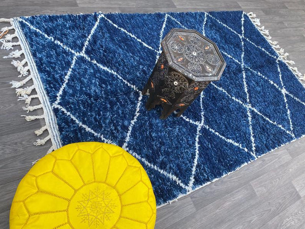 Moroccan Blue and white wool rug 5x8ft , beni ourain rug, Hand-knotted rug, Moroccan Blue rug, Solid rug, berber rug,