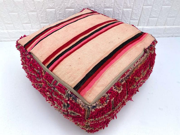 Pink Moroccan Floor Cushion- Home Decor Square Design Boujaad -Footstool Pouf -Wool Handmade Pillow- Home Chair- Floor Cushion Pouf